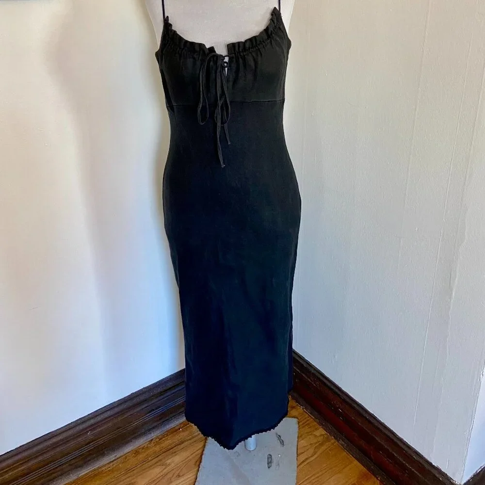 VTG 90s 2000 y2k Black Maxi Midi 100% Linen Milk Maid Dress Potrait Tie Sun Med - Picture 3 of 15